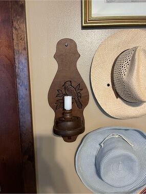 Rustic Brown Wooden Wall Sconce with Bird Carving set/2